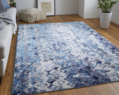 4' X 6' Blue Ivory And Gray Geometric Distressed Area Rug