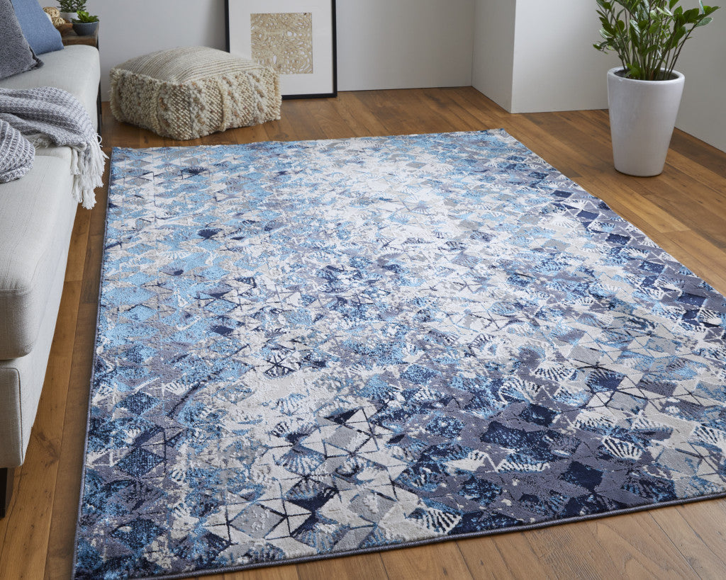 5' X 8' Blue Ivory And Gray Geometric Power Loom Distressed Area Rug