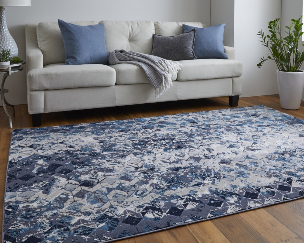 4' X 6' Blue Ivory And Gray Geometric Distressed Area Rug
