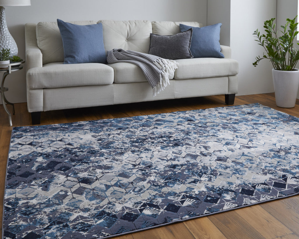 4' X 6' Blue Ivory And Gray Geometric Power Loom Distressed Area Rug