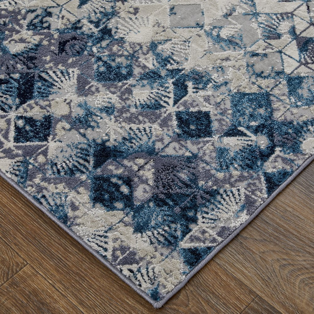 4' X 6' Blue Ivory And Gray Geometric Distressed Area Rug