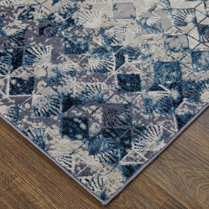 5' X 8' Blue Ivory And Gray Geometric Distressed Area Rug