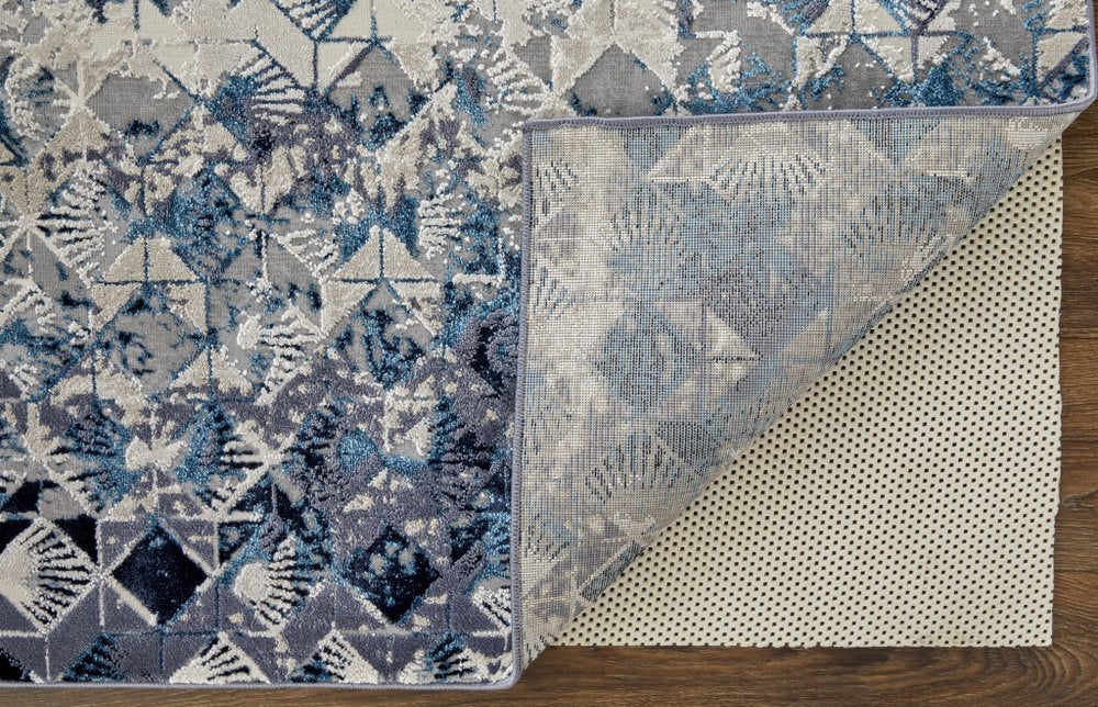 4' X 6' Blue Ivory And Gray Geometric Distressed Area Rug