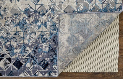 4' X 6' Blue Ivory And Gray Geometric Distressed Area Rug