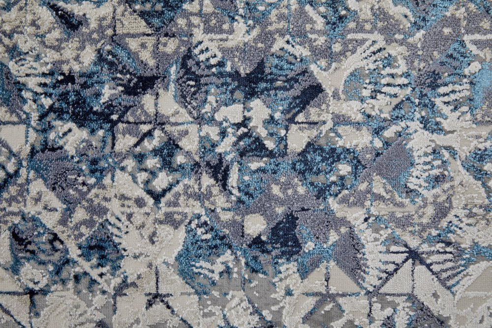 5' X 8' Blue Ivory And Gray Geometric Distressed Area Rug