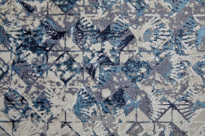 5' X 8' Blue Ivory And Gray Geometric Distressed Area Rug