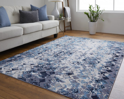 4' X 6' Blue Ivory And Gray Geometric Distressed Area Rug