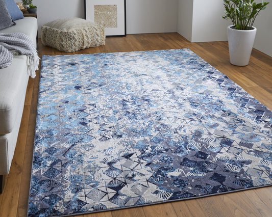 4' X 6' Blue Ivory And Gray Geometric Power Loom Distressed Area Rug