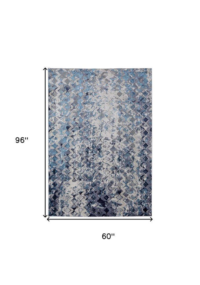 5' X 8' Blue Ivory And Gray Geometric Distressed Area Rug