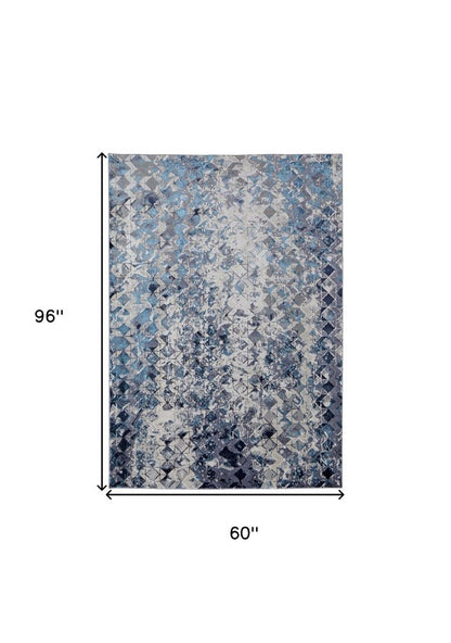 5' X 8' Blue Ivory And Gray Geometric Distressed Area Rug