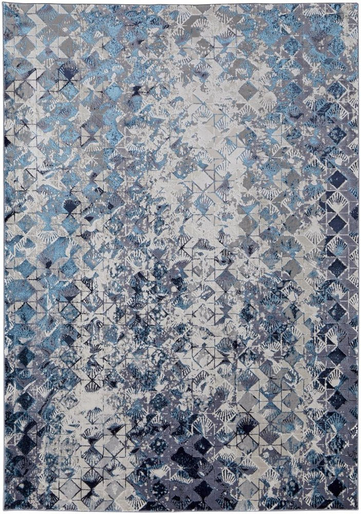 5' X 8' Blue Ivory And Gray Geometric Distressed Area Rug