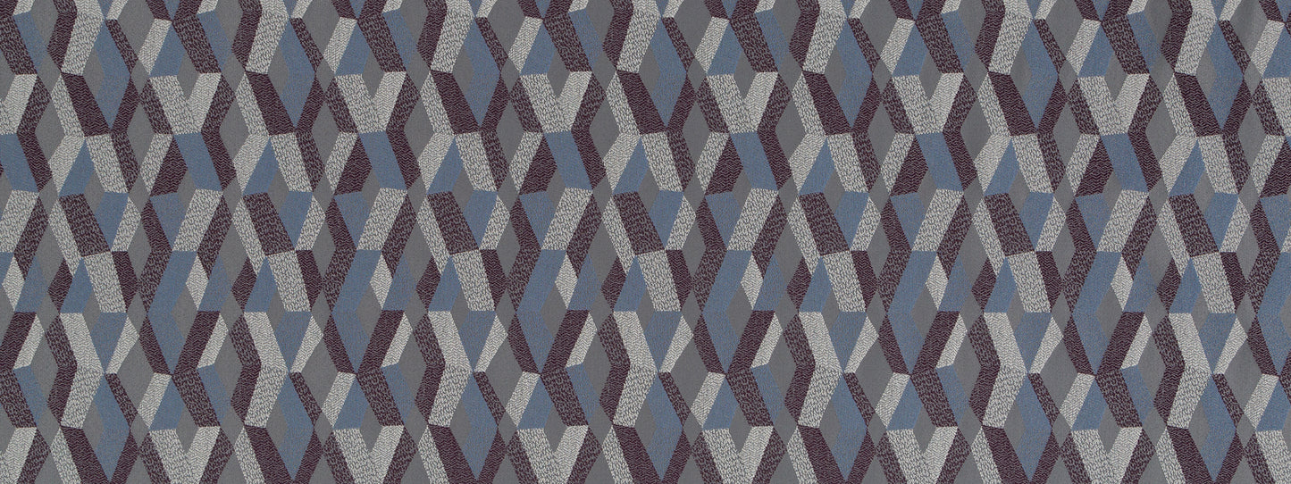 Geometric tessellated diamond cube pattern in aubergine tones; textile-inspired upholstery fabric motif.