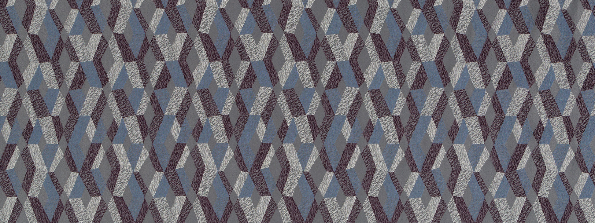 Geometric tessellated diamond cube pattern in aubergine tones; textile-inspired upholstery fabric motif.