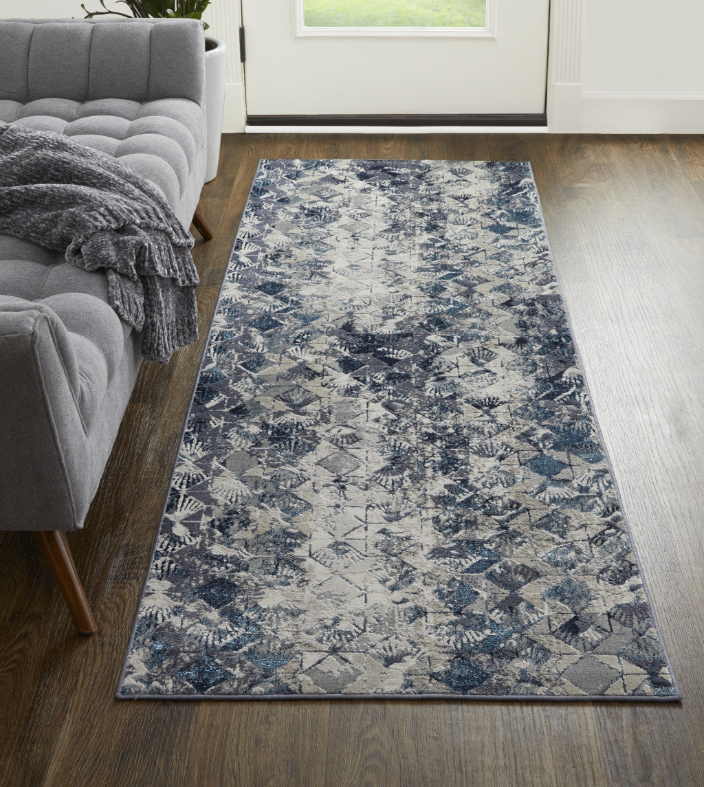 4' X 6' Blue Ivory And Gray Geometric Power Loom Distressed Area Rug