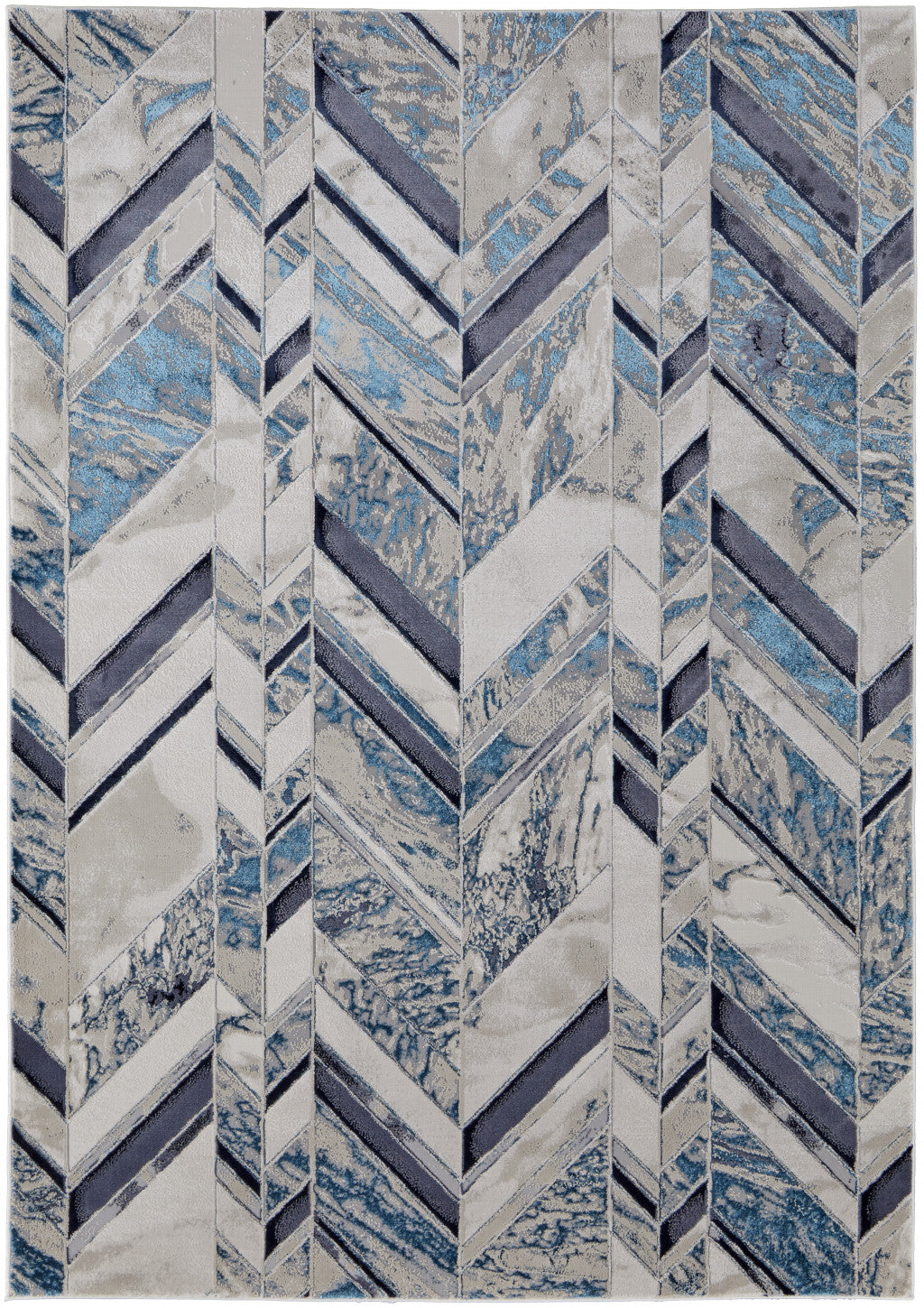 5' X 8' Ivory Blue And Gray Chevron Power Loom Distressed Area Rug