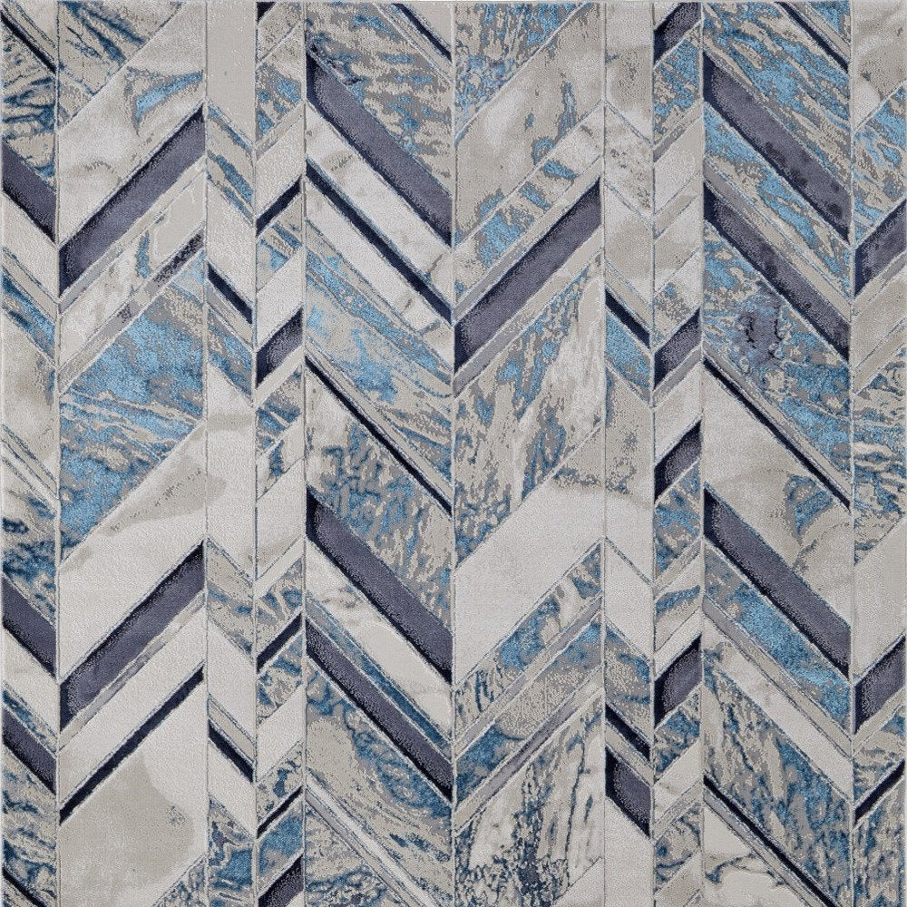 8' Ivory Blue And Gray Chevron Power Loom Distressed Runner Rug