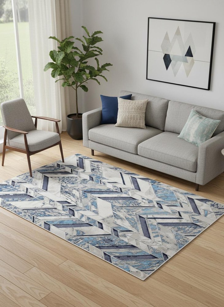5' X 8' Ivory Blue And Gray Chevron Power Loom Distressed Area Rug