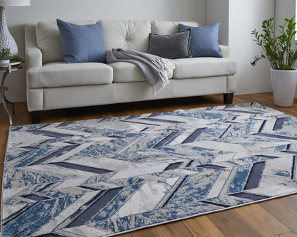 8' Ivory Blue And Gray Chevron Power Loom Distressed Runner Rug