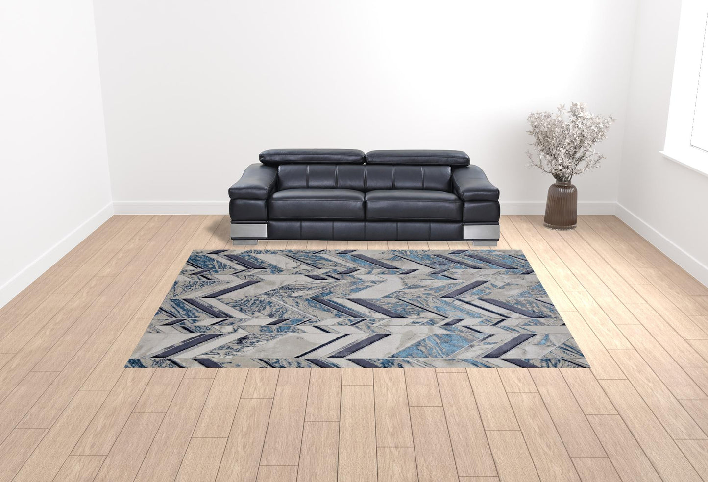 8' X 10' Ivory Blue And Gray Chevron Power Loom Distressed Area Rug