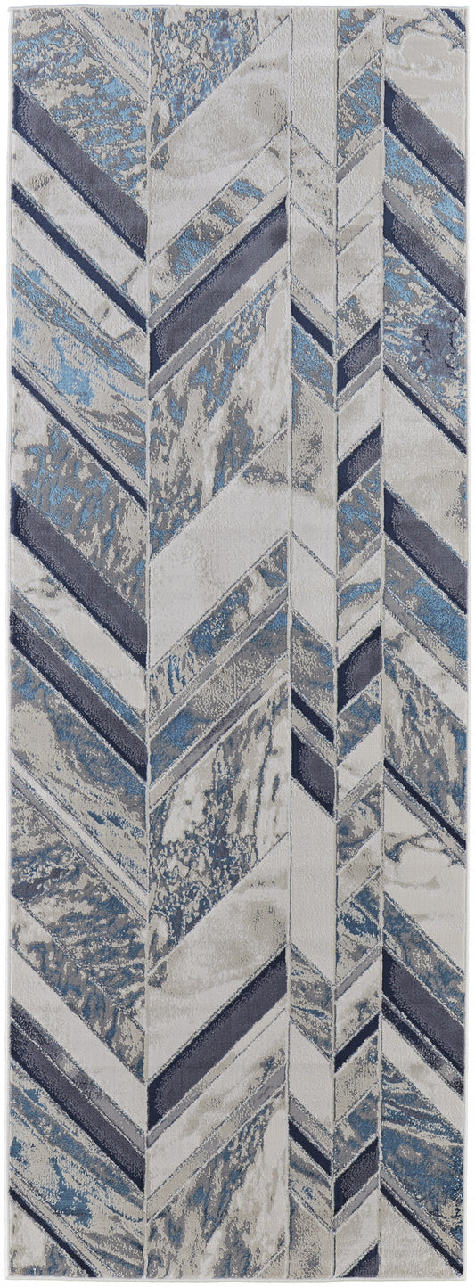 7' X 10' Ivory Blue And Gray Chevron Power Loom Distressed Area Rug