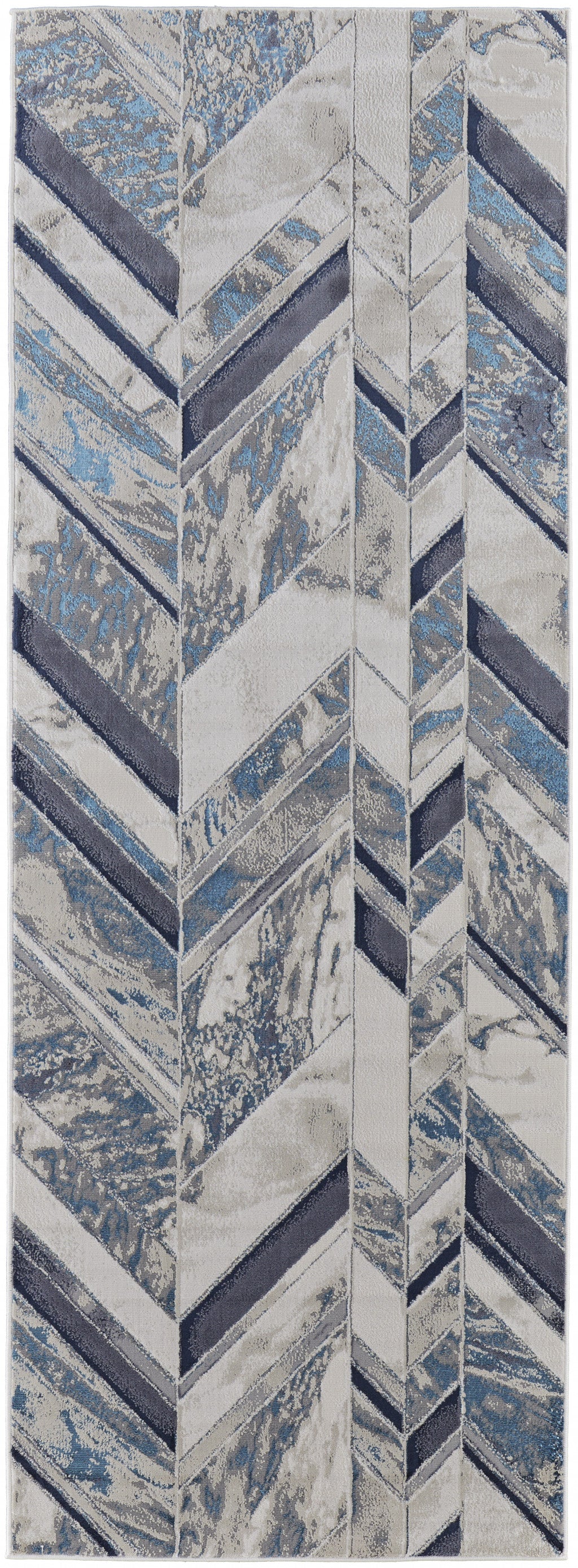 5' X 8' Ivory Blue And Gray Chevron Power Loom Distressed Area Rug