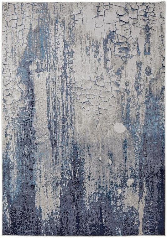 5' X 8' Ivory and Blue Abstract Power Loom Distressed Non Skid Area Rug