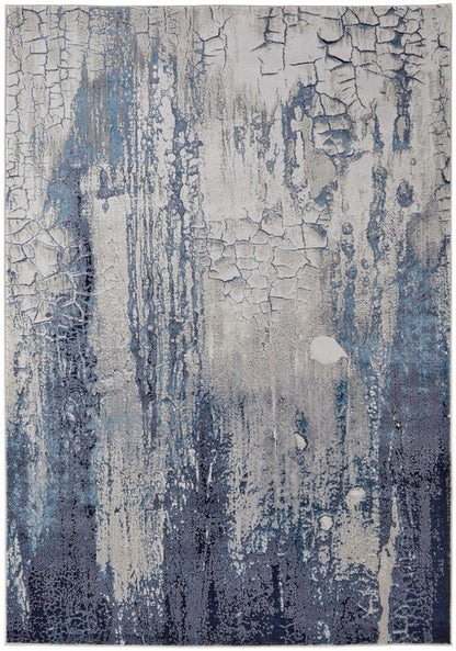 5' X 8' Ivory and Blue Abstract Power Loom Distressed Non Skid Area Rug