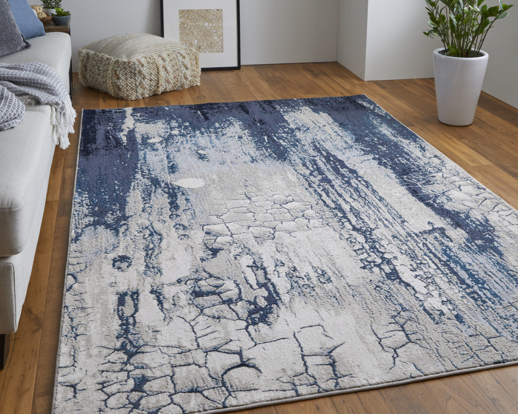 4' X 6' Ivory and Blue Abstract Power Loom Distressed Non Skid Area Rug