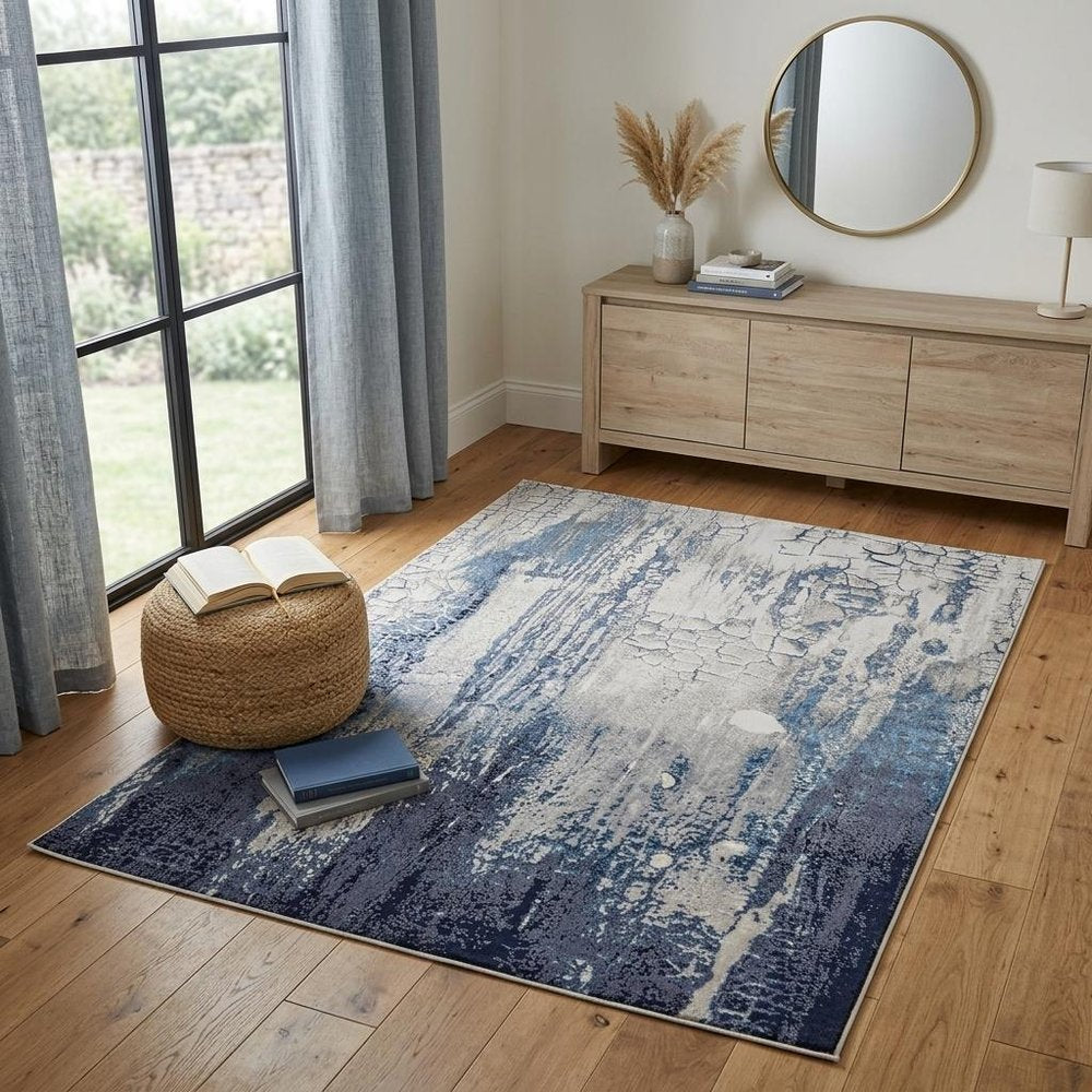 4' X 6' Ivory and Blue Abstract Power Loom Distressed Non Skid Area Rug