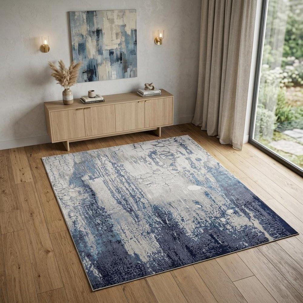 5' X 8' Ivory and Blue Abstract Power Loom Distressed Non Skid Area Rug