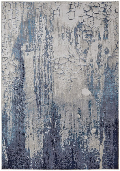 4' X 6' Ivory and Blue Abstract Power Loom Distressed Non Skid Area Rug