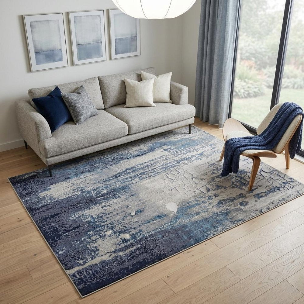 4' X 6' Ivory and Blue Abstract Power Loom Distressed Non Skid Area Rug