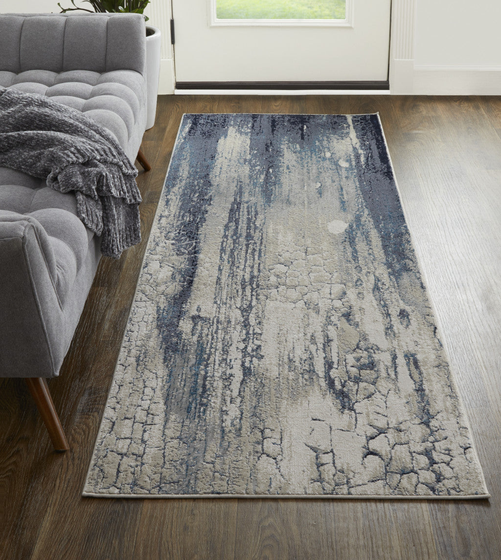 9' X 12' Ivory Blue And Black Abstract Power Loom Distressed Area Rug