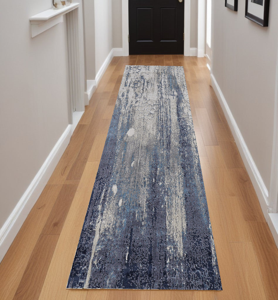 4' X 6' Ivory and Blue Abstract Power Loom Distressed Non Skid Area Rug