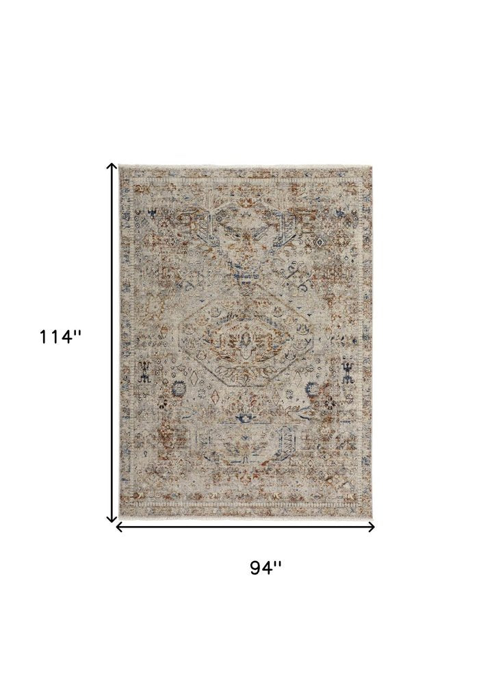 8' X 10' Blue Tan And Red Oriental Distressed Area Rug With Fringe