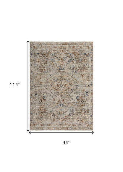 8' X 10' Blue Tan And Red Oriental Distressed Area Rug With Fringe