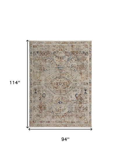 8' X 10' Blue Tan And Red Oriental Distressed Area Rug With Fringe
