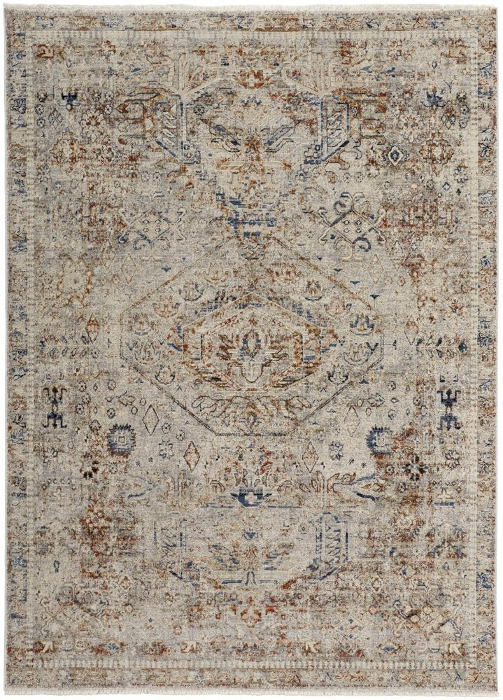 8' X 10' Blue Tan And Red Oriental Distressed Area Rug With Fringe