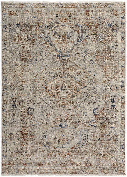 8' X 10' Blue Tan And Red Oriental Distressed Area Rug With Fringe