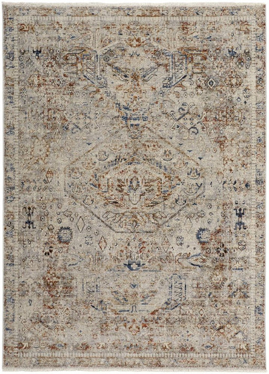 8' X 10' Blue Tan And Red Oriental Distressed Area Rug With Fringe