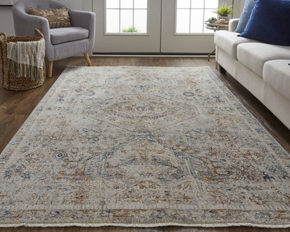 8' X 10' Blue Tan And Red Oriental Distressed Area Rug With Fringe