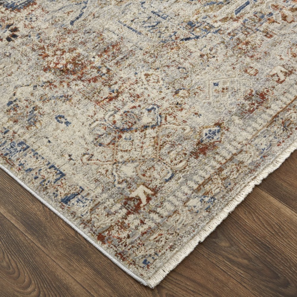 8' X 10' Blue Tan And Red Oriental Distressed Area Rug With Fringe