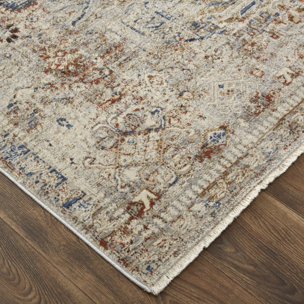 8' X 10' Blue Tan And Red Oriental Distressed Area Rug With Fringe