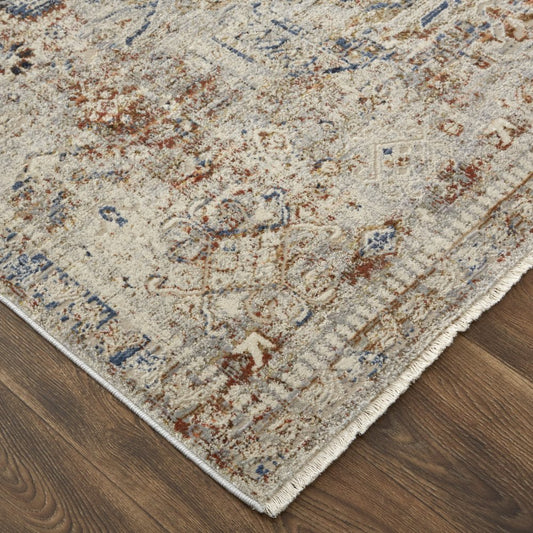 8' X 10' Blue Tan And Red Oriental Distressed Area Rug With Fringe