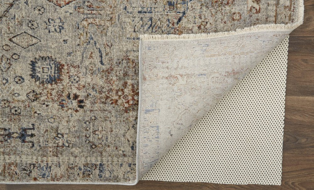 8' X 10' Blue Tan And Red Oriental Distressed Area Rug With Fringe