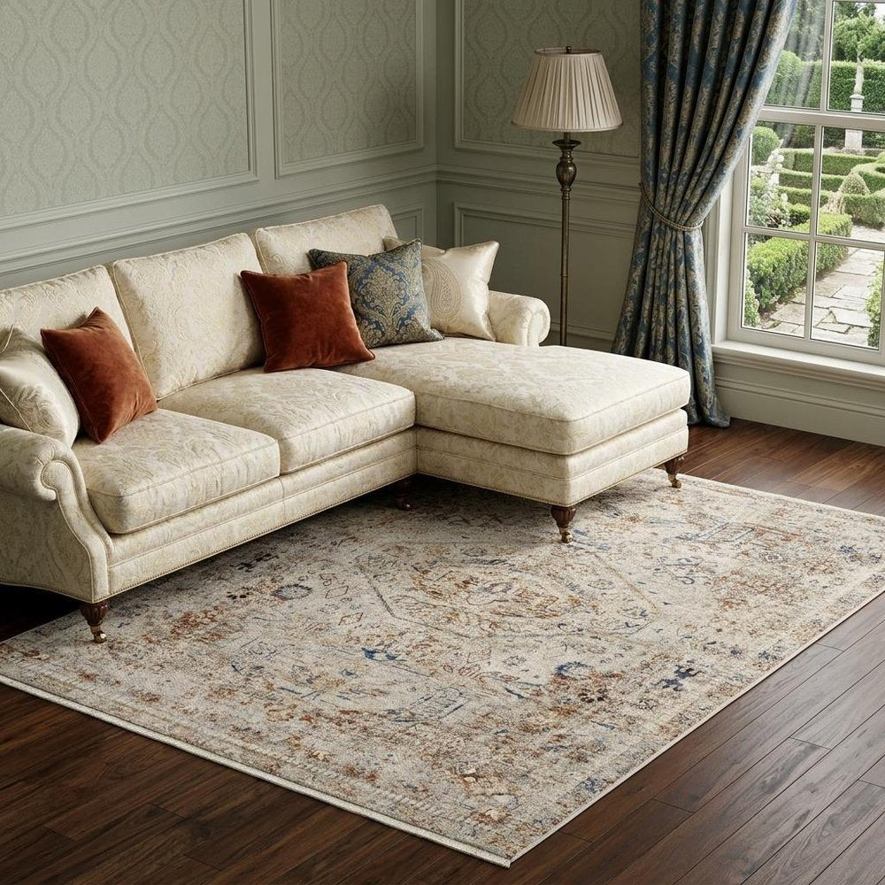 8' X 10' Blue Tan And Red Oriental Distressed Area Rug With Fringe