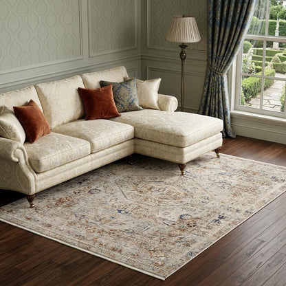 8' X 10' Blue Tan And Red Oriental Distressed Area Rug With Fringe