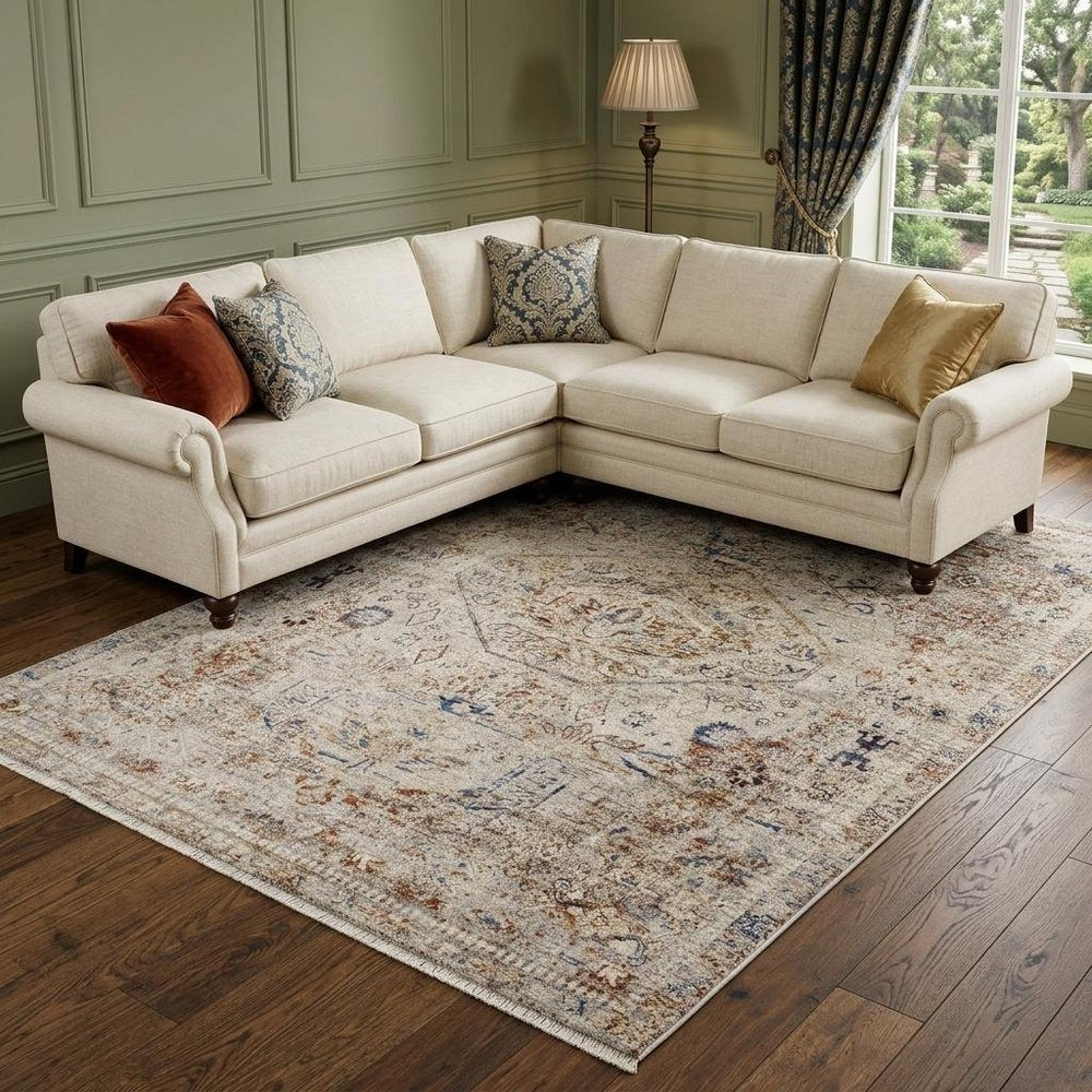 8' X 10' Blue Tan And Red Oriental Distressed Area Rug With Fringe