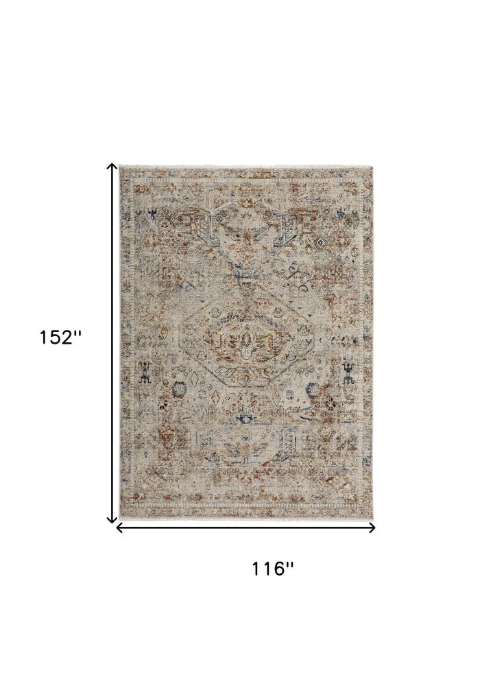 8' X 10' Blue Tan And Red Oriental Distressed Area Rug With Fringe