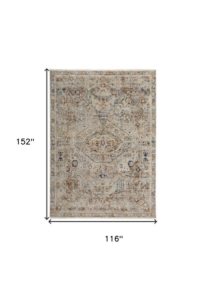 8' X 10' Blue Tan And Red Oriental Distressed Area Rug With Fringe